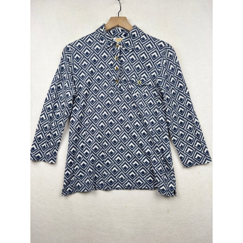 Talbots Polo Shirt Womens L 3/4 Sleeve‎ Geometric Preppy Nautical